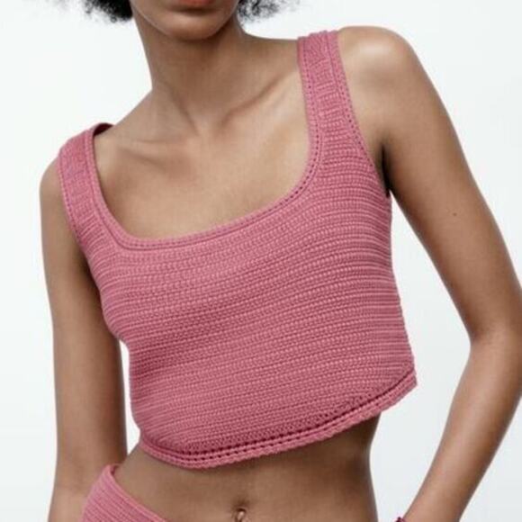 Zara Pink Knit Crop Top, Square Neck, Sleeveless, Size M, Trendy Summer Style - Picture 4 of 6